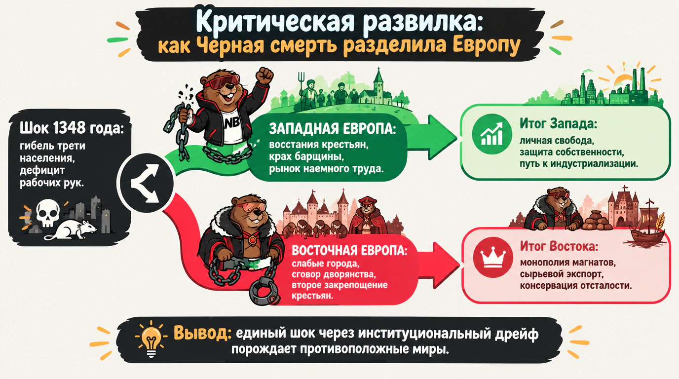2D-инфографика: критическая развилка Черной смерти 1348 года и цивилизационное расхождение траекторий Западной и Восточной Европы