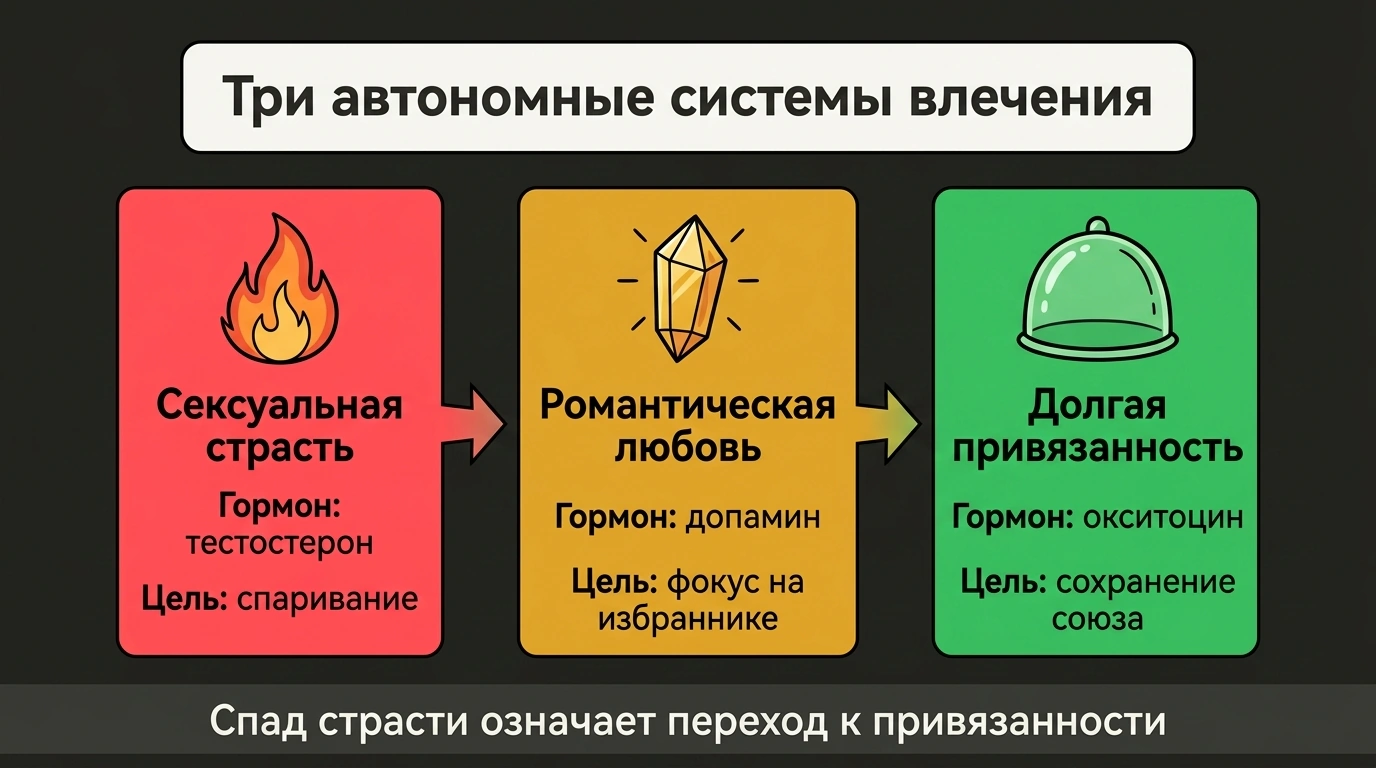 Инфографика трех автономных биохимических систем любви: страсть, влюбленность и долговременная привязанность.