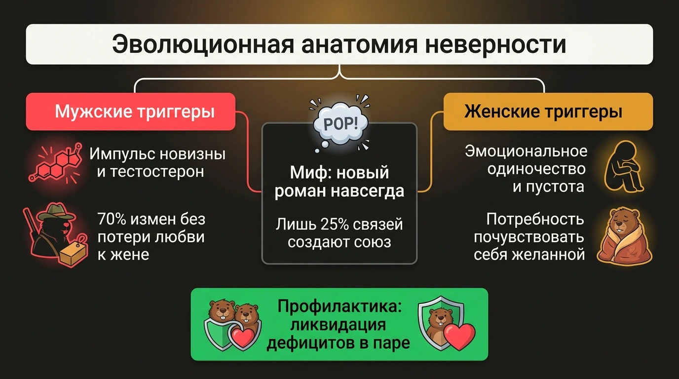 Инфографика сравнительной анатомии измен: различие мужских и женских эволюционных мотивов.