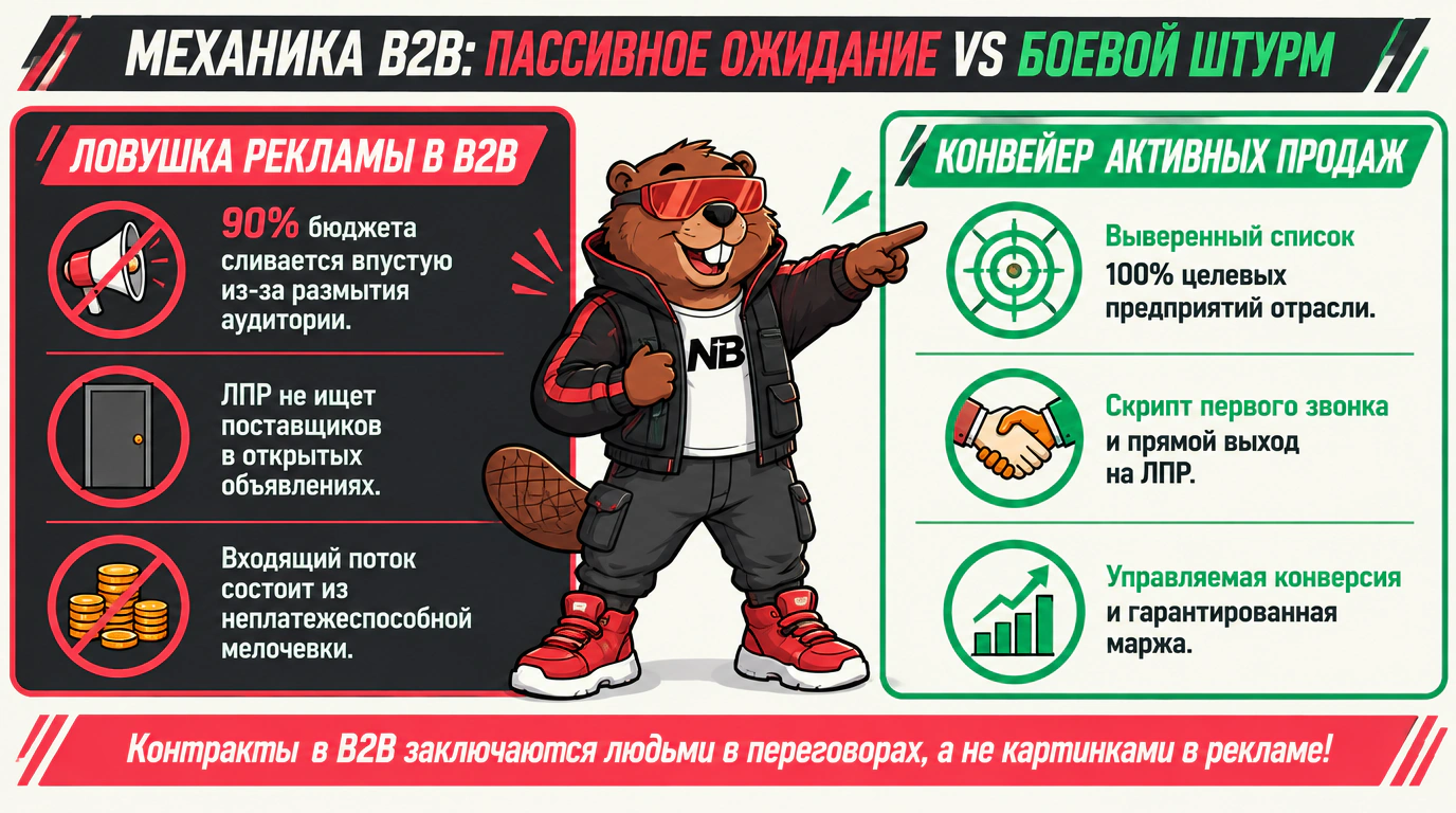 Инфографика сравнения: ловушка массовой рекламы в B2B против прямого исходящего штурма целевых клиентов.