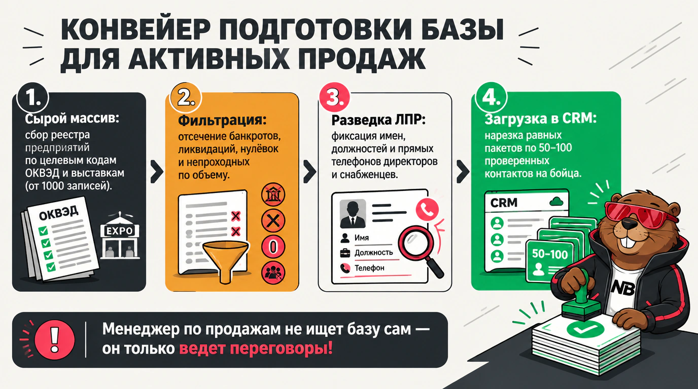 Инфографика четырехшагового алгоритма подготовки и квалификации списков клиентов для отдела продаж.