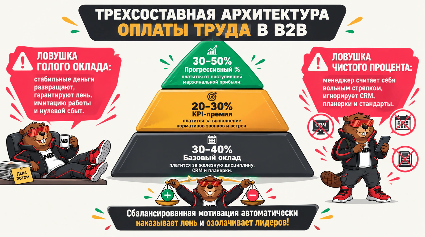Инфографика трехсоставной архитектуры оплаты труда: базовый оклад, KPI-премия и процент от маржи.