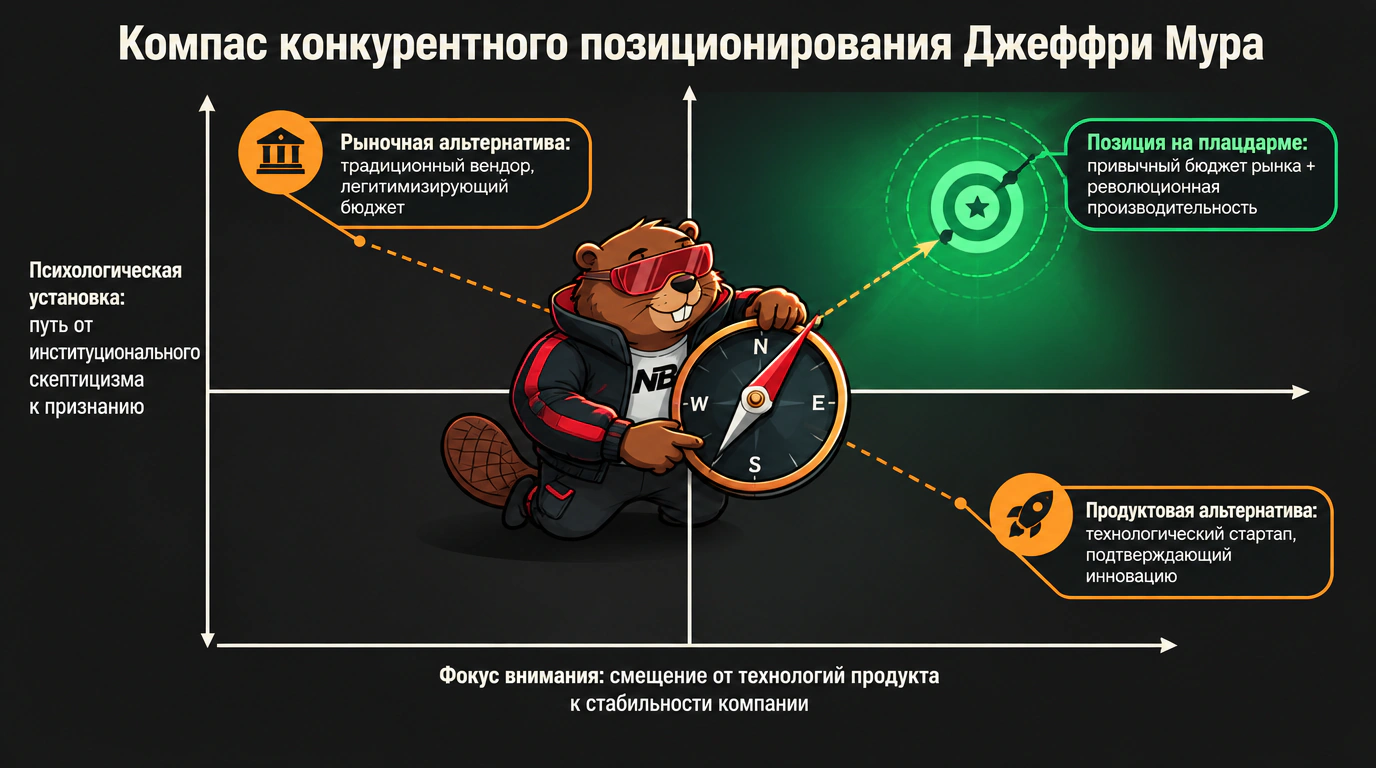 Инфографика компаса конкурентного позиционирования: координаты рыночной и продуктовой альтернатив Джеффри Мура
