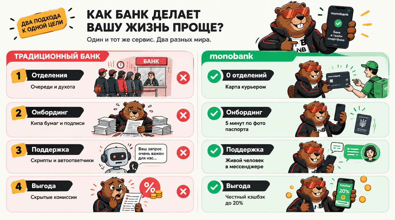 Сравнительная инфографика ликвидации клиентской боли: старый традиционный банкинг против mobile-first модели monobank.