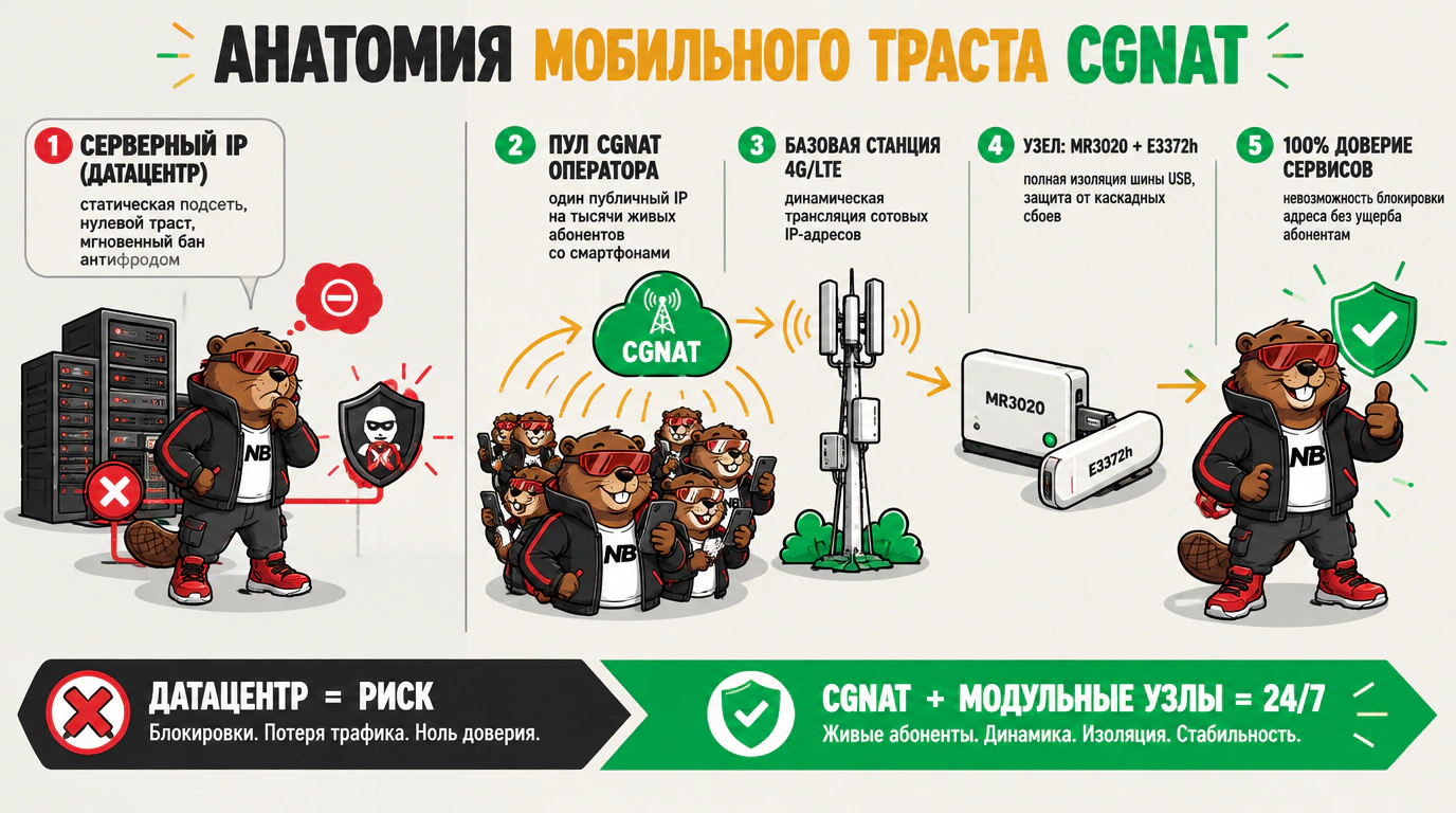 Инфографика принципа работы мобильных прокси и архитектуры CGNAT