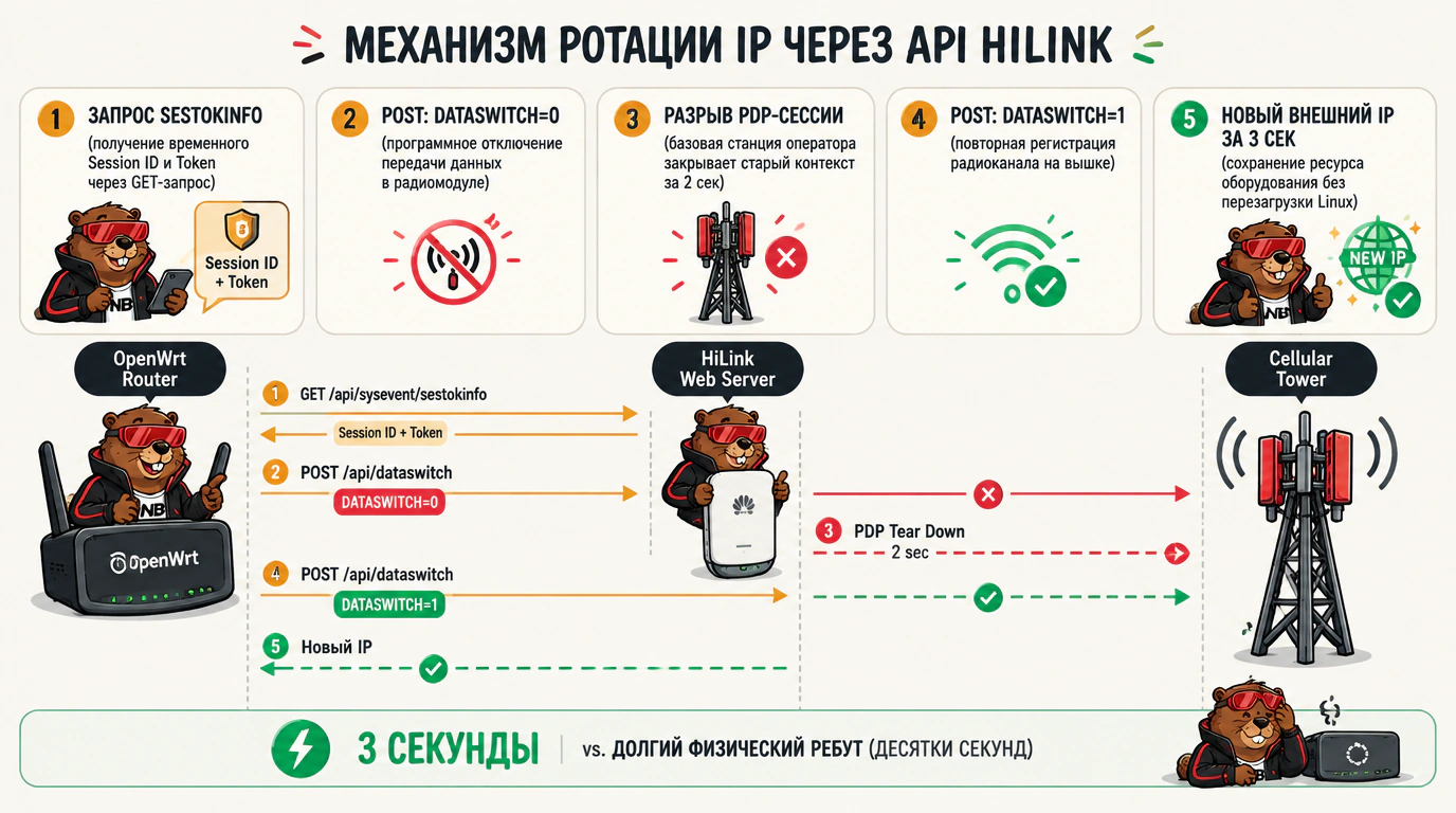 Инфографика механизма программной ротации IP через API HiLink