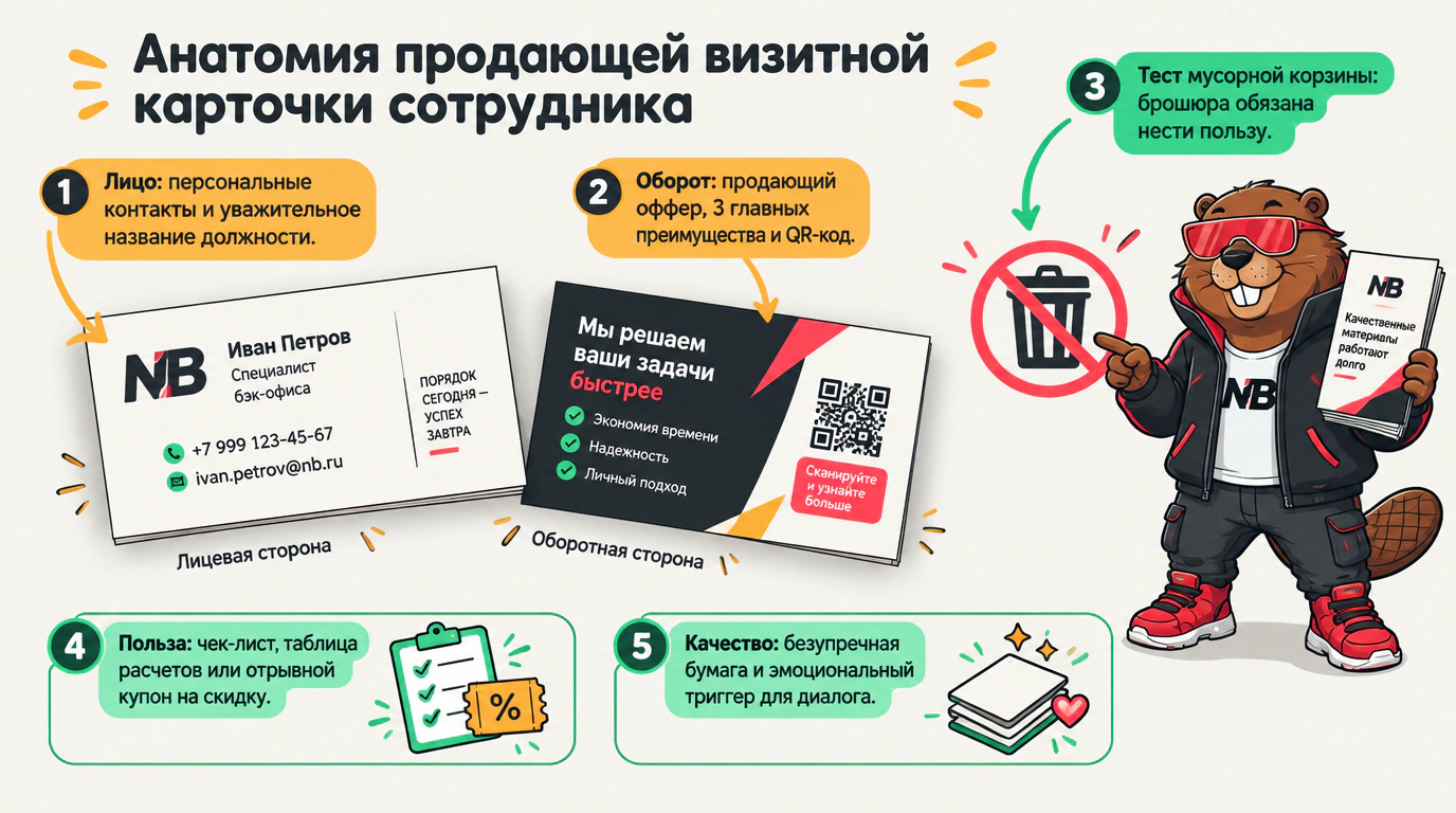 Инфографика анатомии продающей визитки сотрудника и фильтров теста мусорной корзины