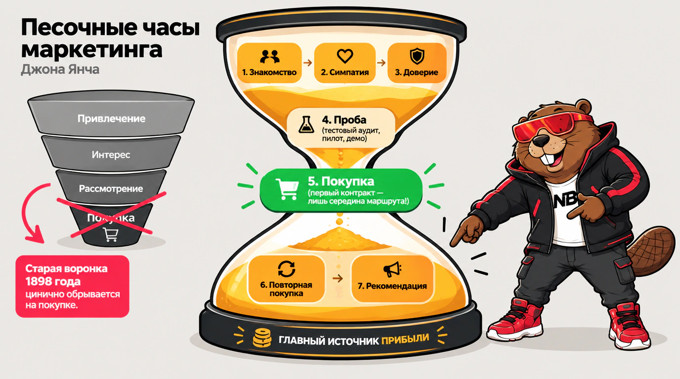 Структурная схема «Песочных часов маркетинга»: семь последовательных ступеней пути клиента взамен линейной воронки