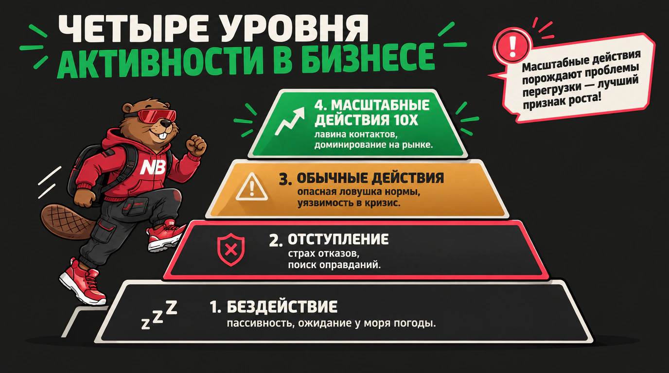 Инфографика пирамиды четырех уровней активности по закону масштабных действий Гранта Кардона