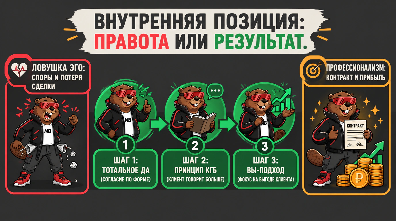 Инфографика трех шагов внутренней позиции: «Тотальное ДА», принцип КГБ и «Вы»-подход