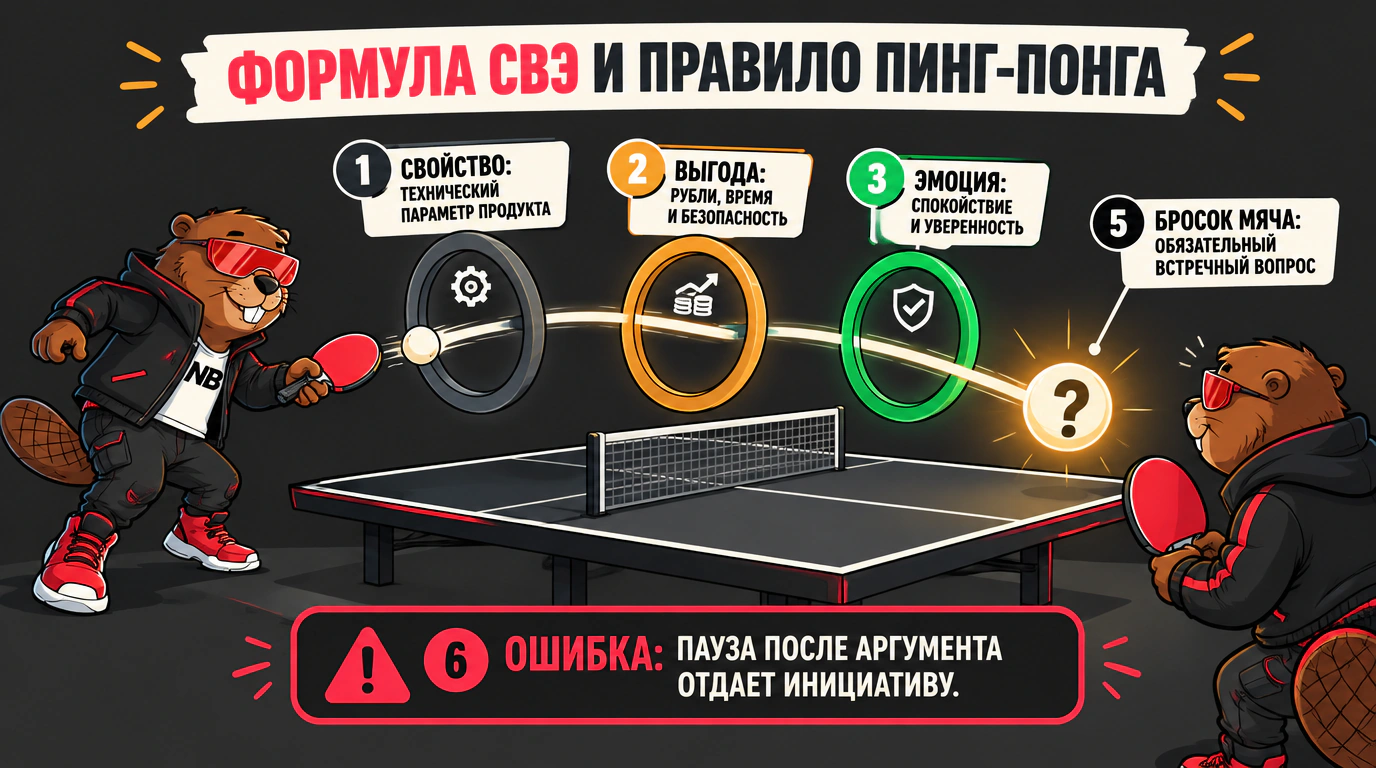 Инфографика формулы убеждающего довода СВЭ и правила пинг-понга в диалоге