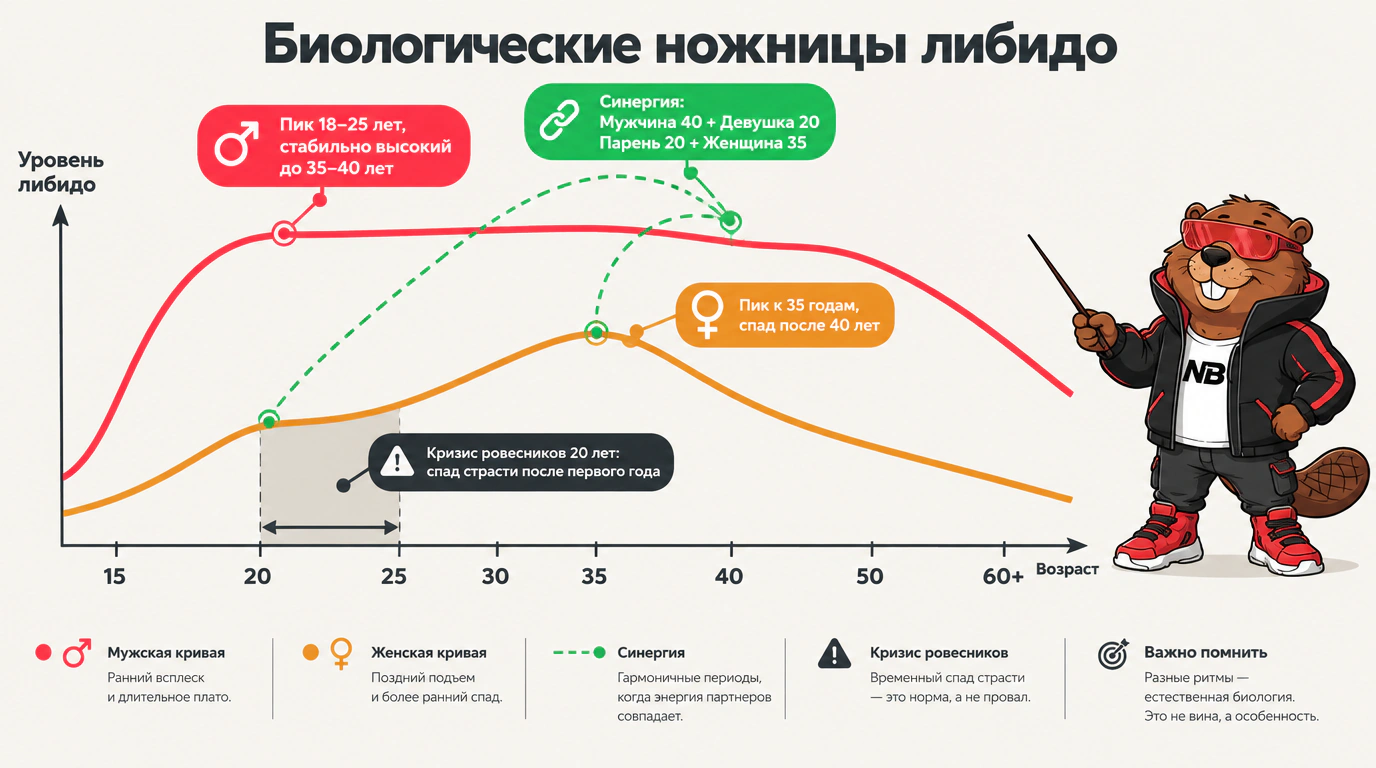 Инфографика возрастных пиков либидо: биологическая асинхронность мужского и женского циклов и точки гармонии.