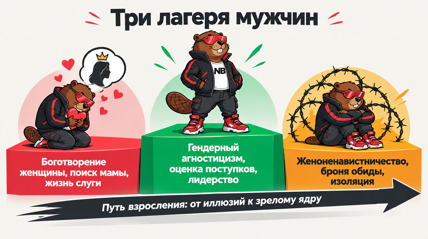 Классификационная инфографика трех лагерей мужчин: фанатики, отрицалы и зрелые гендерные агностики.