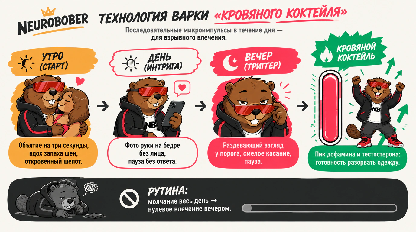 Инфографика дневной цепочки микроимпульсов: технология разогрева гормонального коктейля страсти до близости.