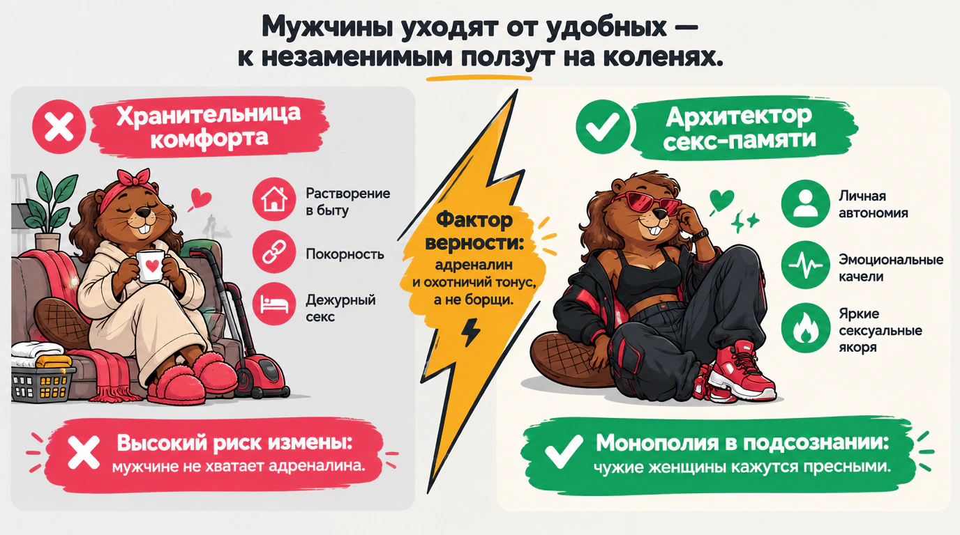 Инфографика сравнения стратегий удержания близости: бытовая прислуга против архитектора секс-памяти.