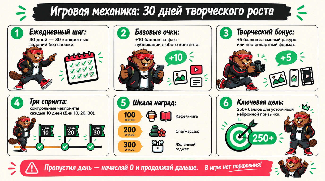 Инфографика игровой механики челленджа: 30 дней, начисление баллов и система наград