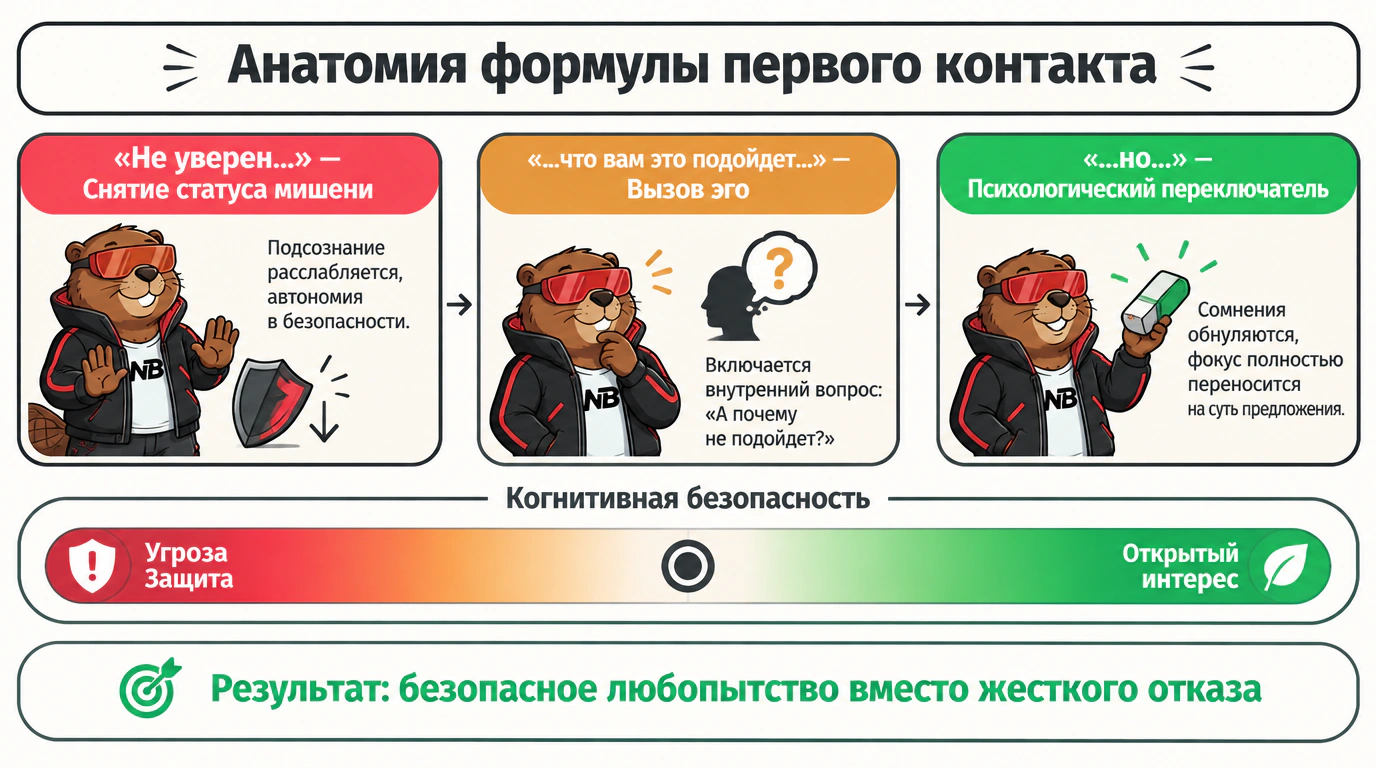 Инфографика трехчастной анатомии формулы первого контакта «Не уверен, что вам это подойдет, но…»