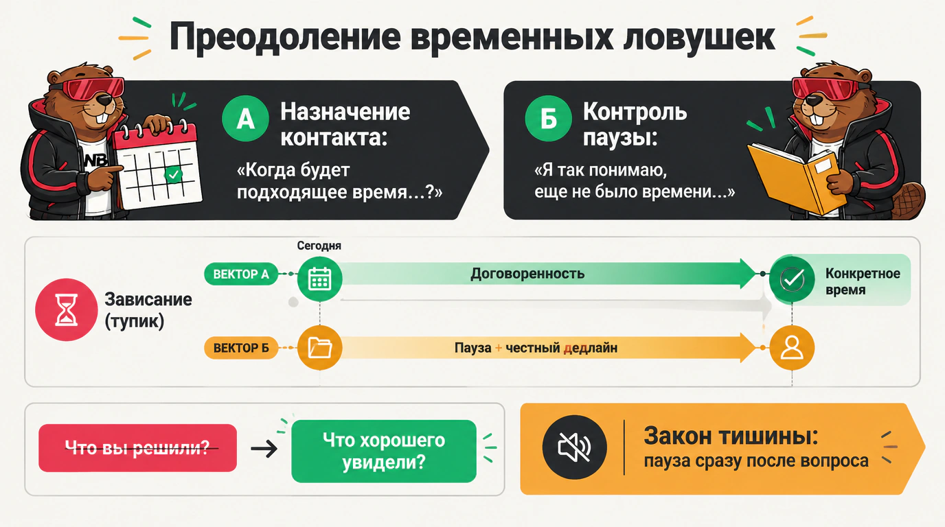 Инфографика преодоления временных отговорок: фиксация слота в календаре и контроль паузы