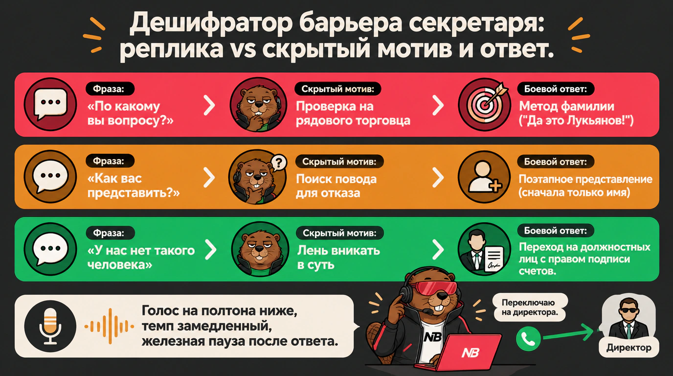 Инфографика дешифровки секретарских барьеров и тактик выхода на ЛПР Дмитрия Лукьянова