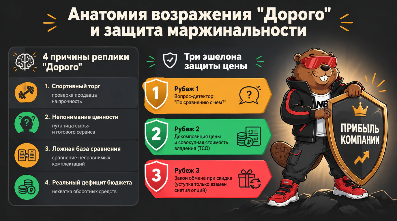 Инфографика анатомии возражения «Дорого» и трех рубежей защиты маржинальности Дмитрия Лукьянова