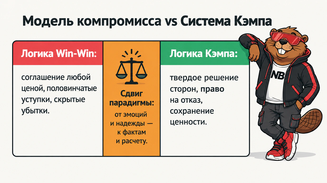 Сравнительная инфографика: почему концепция «выиграть-выиграть» ведет к потере позиций в отличие от хладнокровной системы Джима Кэмпа.