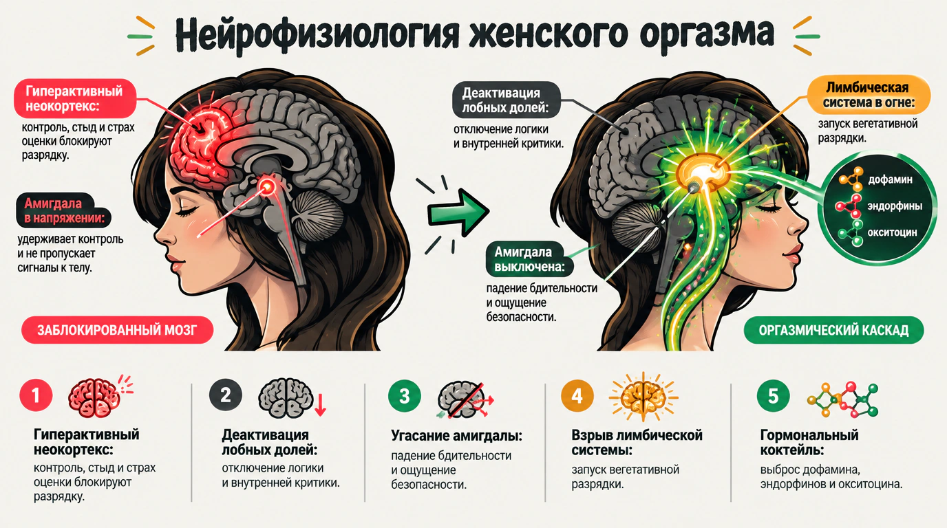 Инфографика к уроку «Нейрофизиология оргазма и работа женского мозга»: функциональное переключение зон мозга при переходе от контроля к разрядке