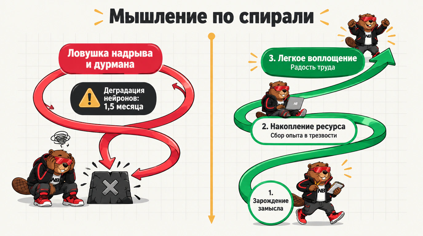 Инфографика «Мышление по спирали»: восходящие витки созревания замысла в трезвости против тупиковой петли токсического надрыва.