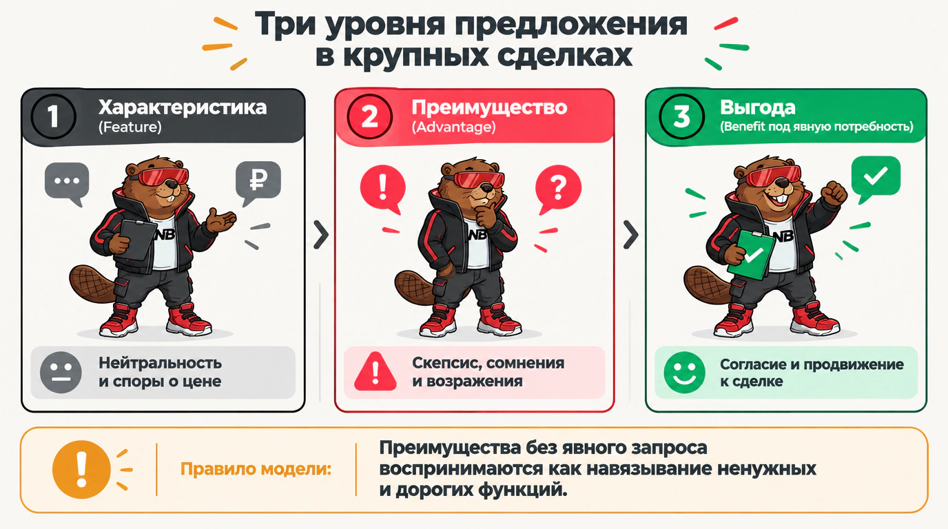 Инфографика модели ХПВ: реакция корпоративного покупателя на характеристики, преимущества и выгоды