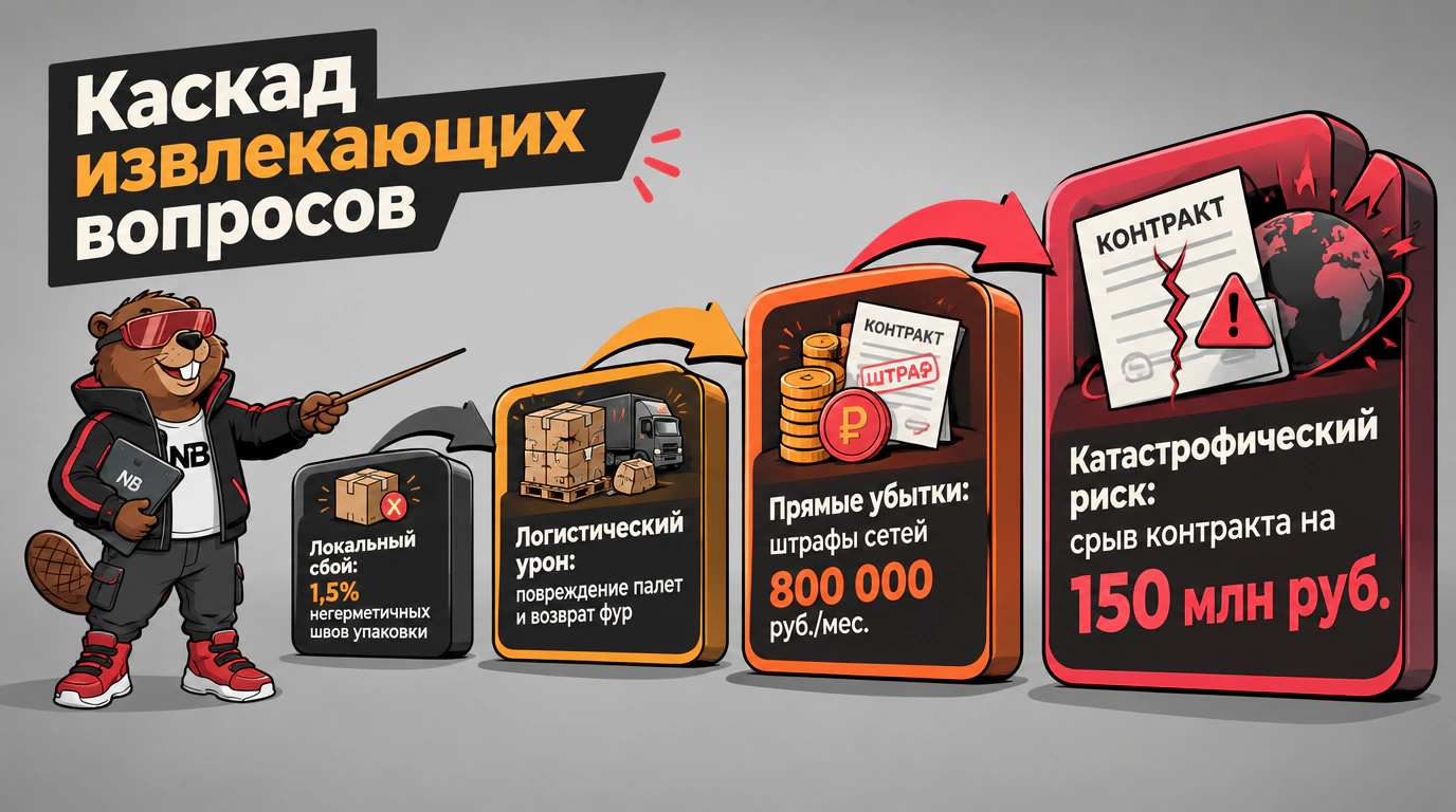 Инфографика каскада извлекающих вопросов: от дефекта спайки шва к риску потери контракта на 150 миллионов рублей
