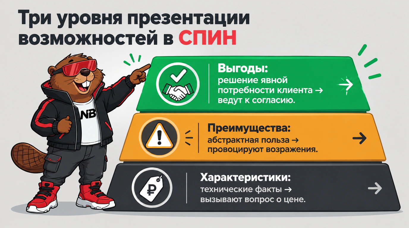 Инфографика трех уровней презентации возможностей: Характеристики, Преимущества и Выгоды и реакция покупателя