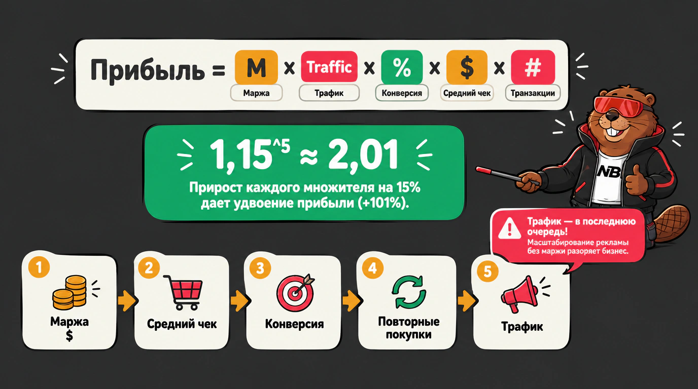 Инфографика: формула пяти множителей прибыли, эффект удвоения 1,15 в пятой степени и приоритетная цепочка оптимизации интернет-магазина.