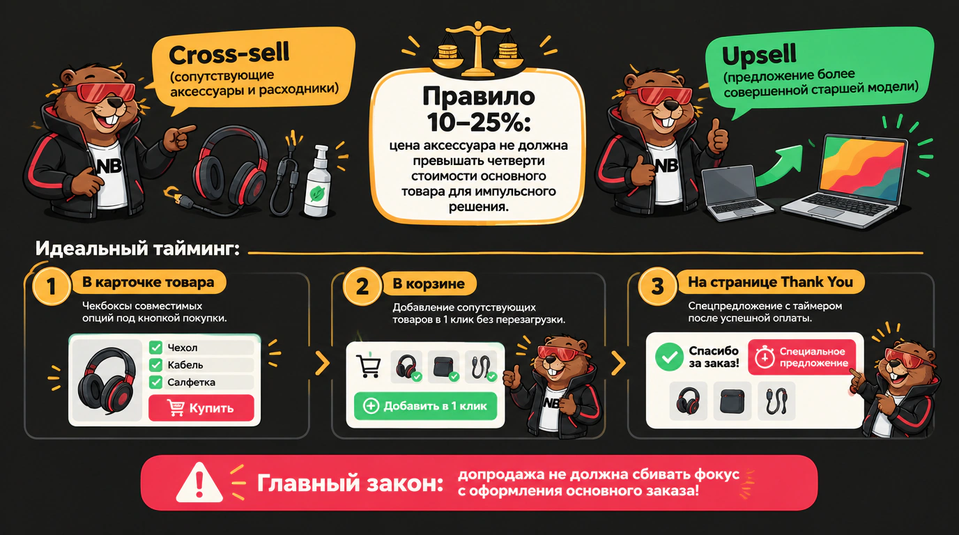 Инфографика: архитектура допродаж кросс-сейл и апсейл, правило 10–25% цены и тайминг трех точек контакта с покупателем.