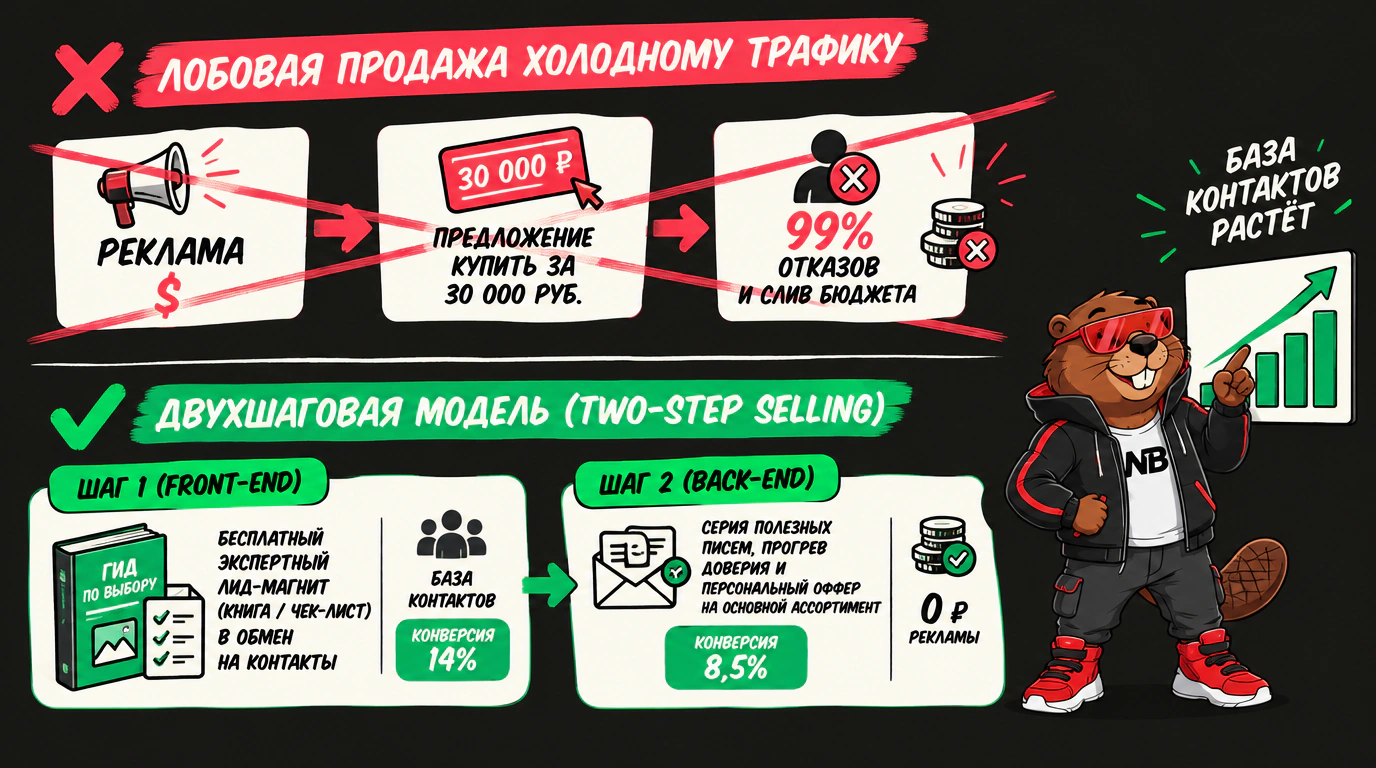Инфографика: двухшаговая модель продаж в сравнении с лобовой рекламой: сбор базы через лид-магнит и последующая монетизация.