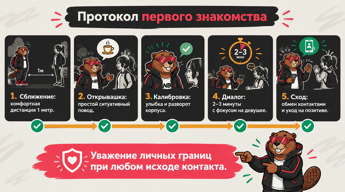 Инфографика «Пошаговый протокол первого контакта: 5 шагов от сближения до обмена контактами»