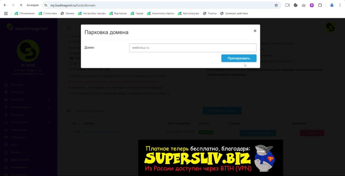 Добавление домена в кабинете партнерки