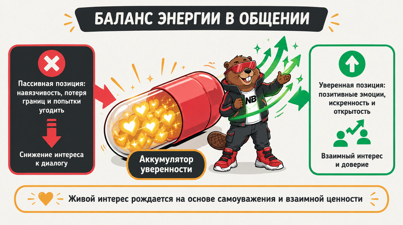 Инфографика баланса энергии в общении: сравнение пассивной позиции и уверенной позиции взаимного диалога вокруг капсулы вдохновения.