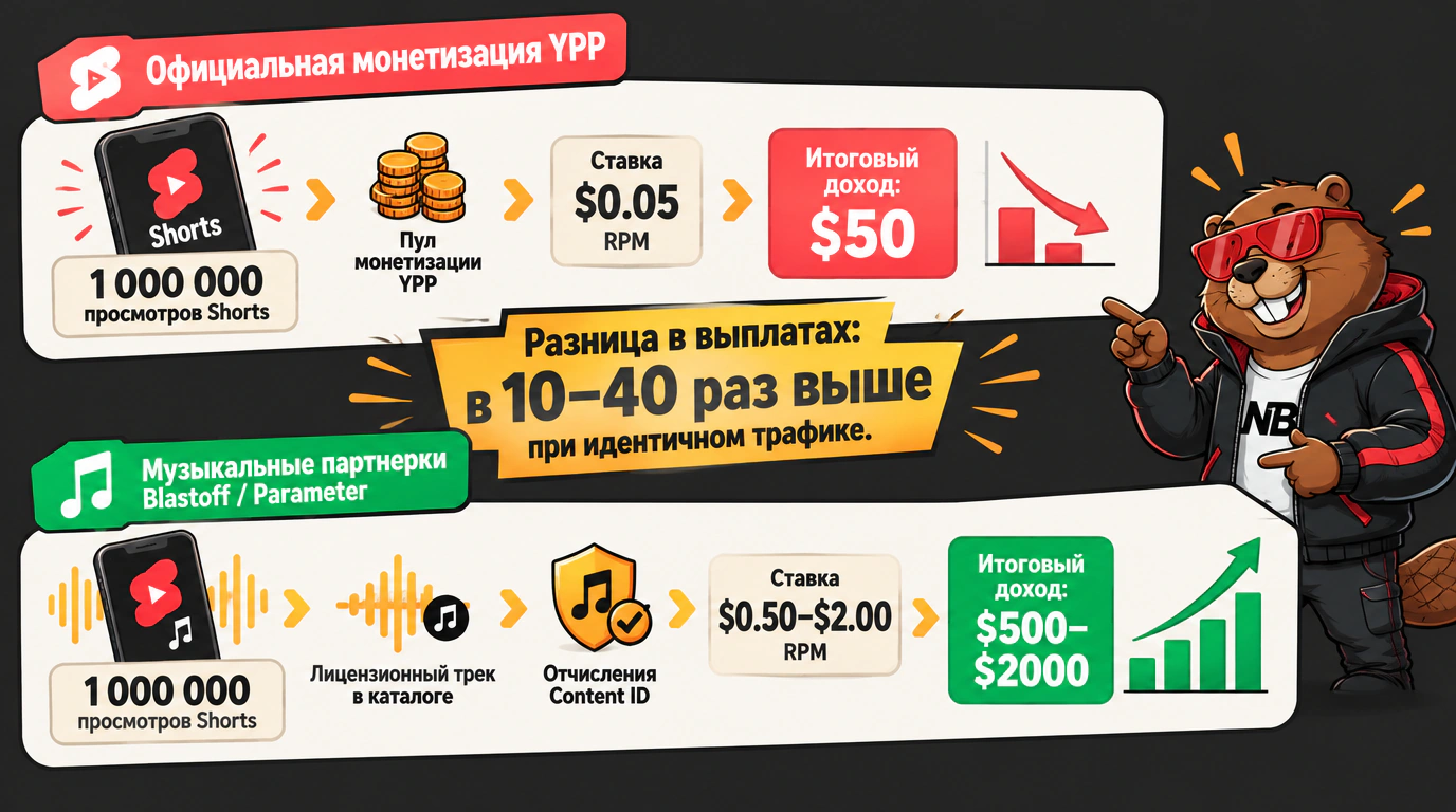 Инфографика схемы выплат по Content ID через музыкальные партнерки Blastoff и Parameter в сравнении с YPP