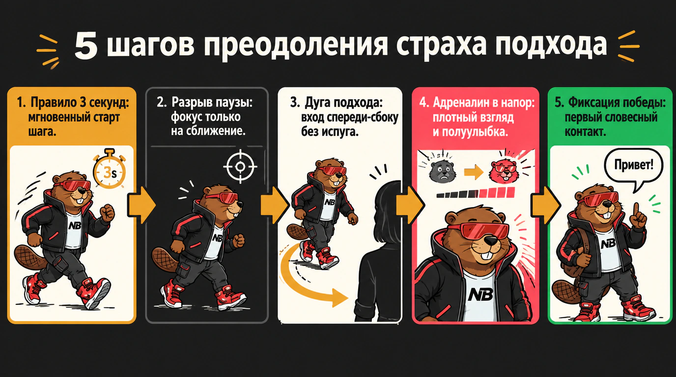 Инфографика пяти шагов преодоления страха подхода: от правила 3 секунд до фиксации контакта