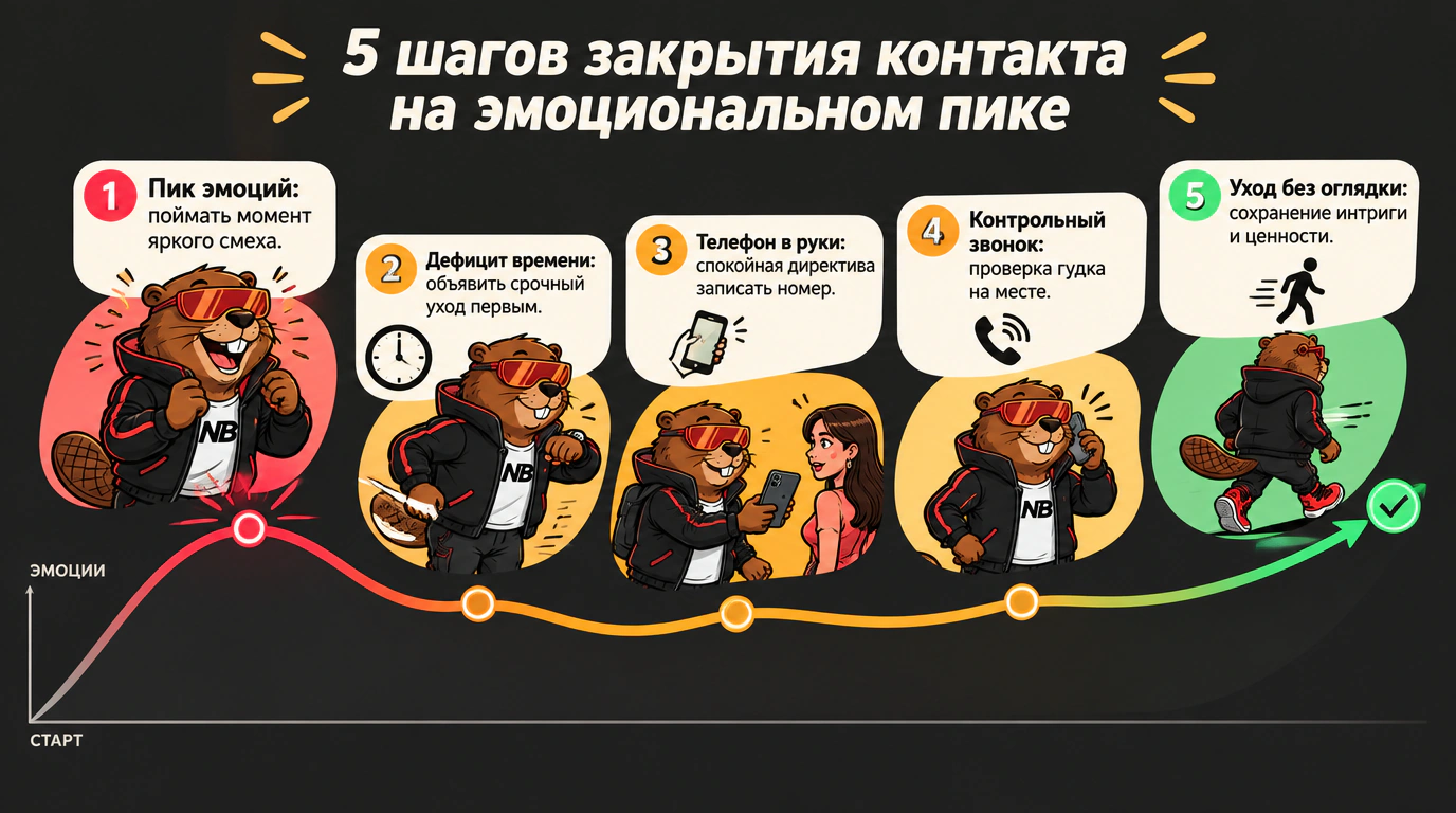 Инфографика пяти шагов закрытия знакомства на эмоциональном пике с контрольным звонком