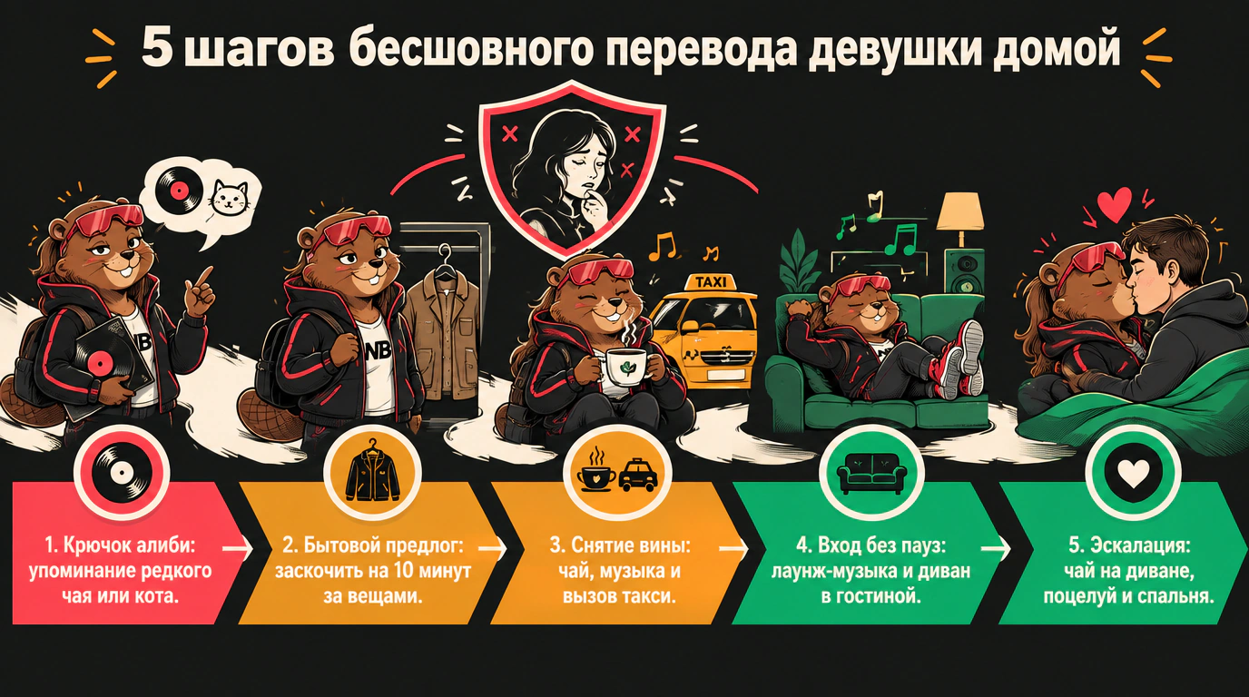Инфографика пяти шагов бесшовного перевода девушки домой с формированием алиби