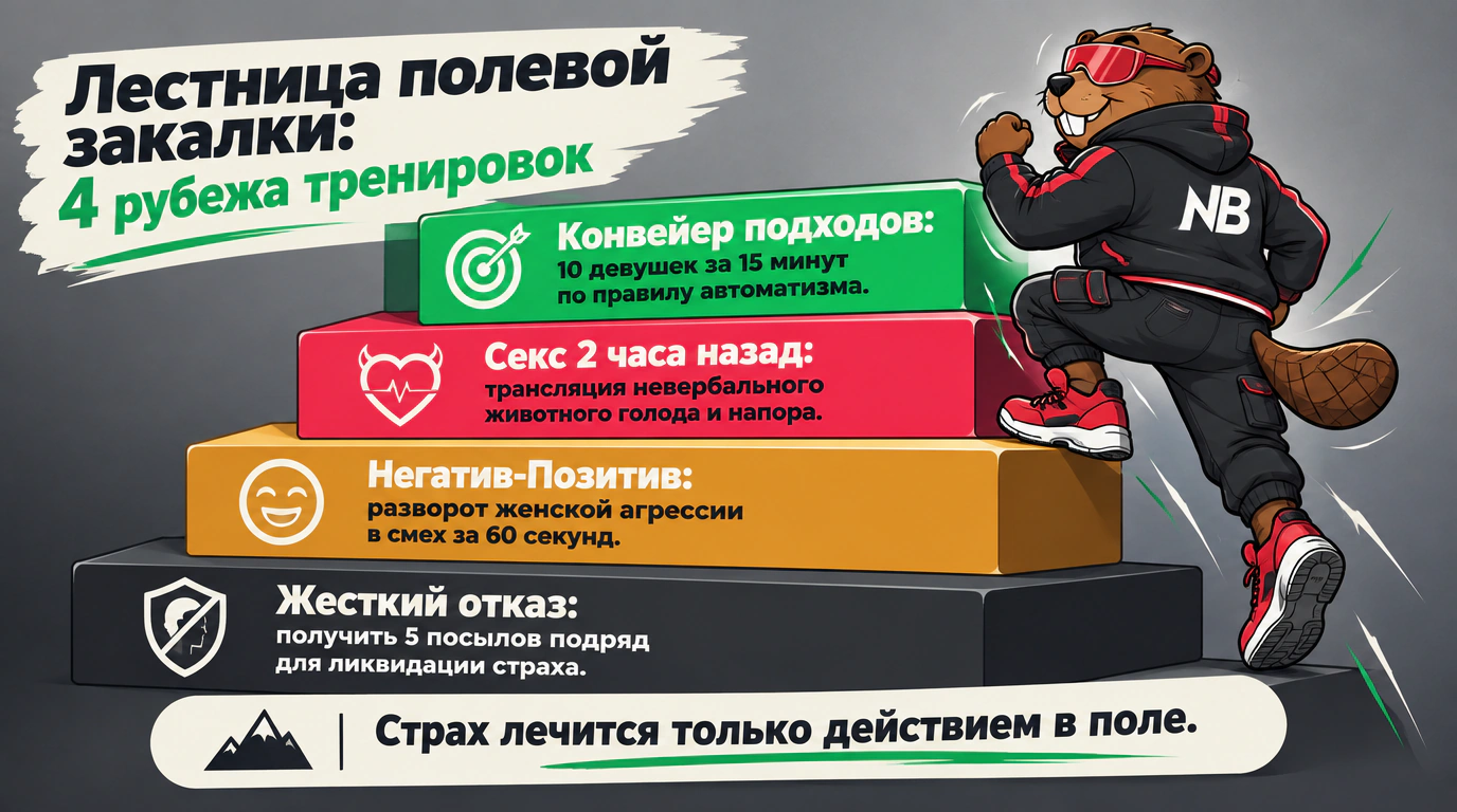 2D-инфографика лестницы полевой закалки соблазнителя: 4 упражнения по нарастанию сложности.