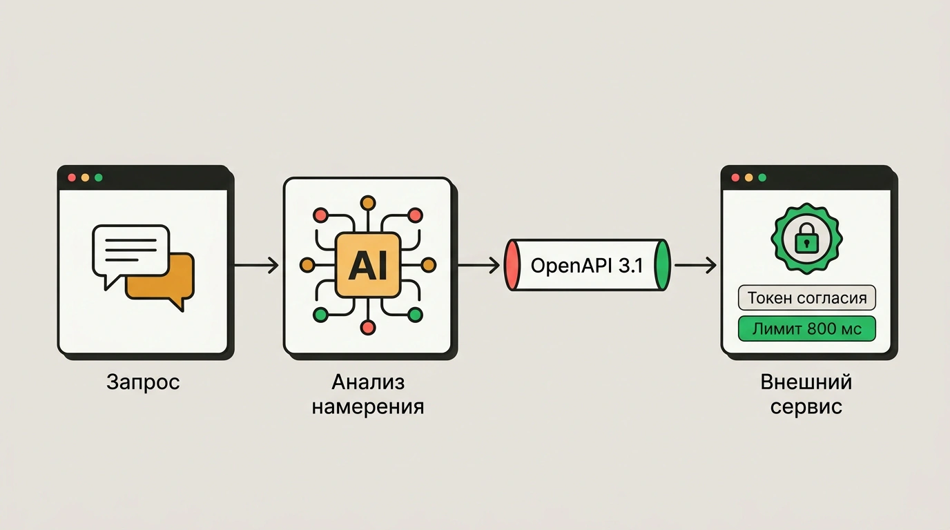 Схема архитектуры платформы Meta Muse Connectors: трансляция запроса пользователя через анализ намерения и шлюз OpenAPI 3.1 к внешнему сервису с проверкой токена согласия и лимитом ответа 800 мс