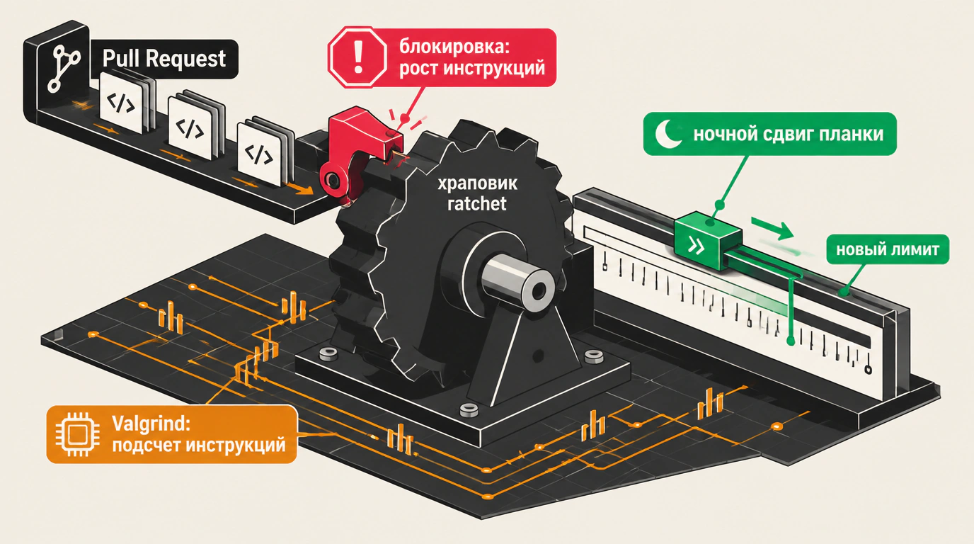 Изометрическая редакторская инфографика механизма храповика в CI с блокировкой pull request и ночным сдвигом планки инструкций.