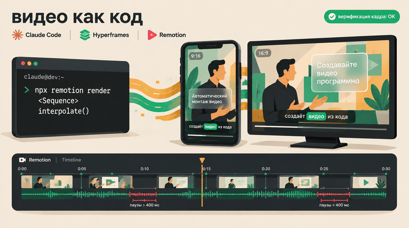 Изометрическая редакторская иллюстрация программного монтажа видео в Claude Code с интеграцией терминала, таймлайна Remotion и движка Hyperframes.