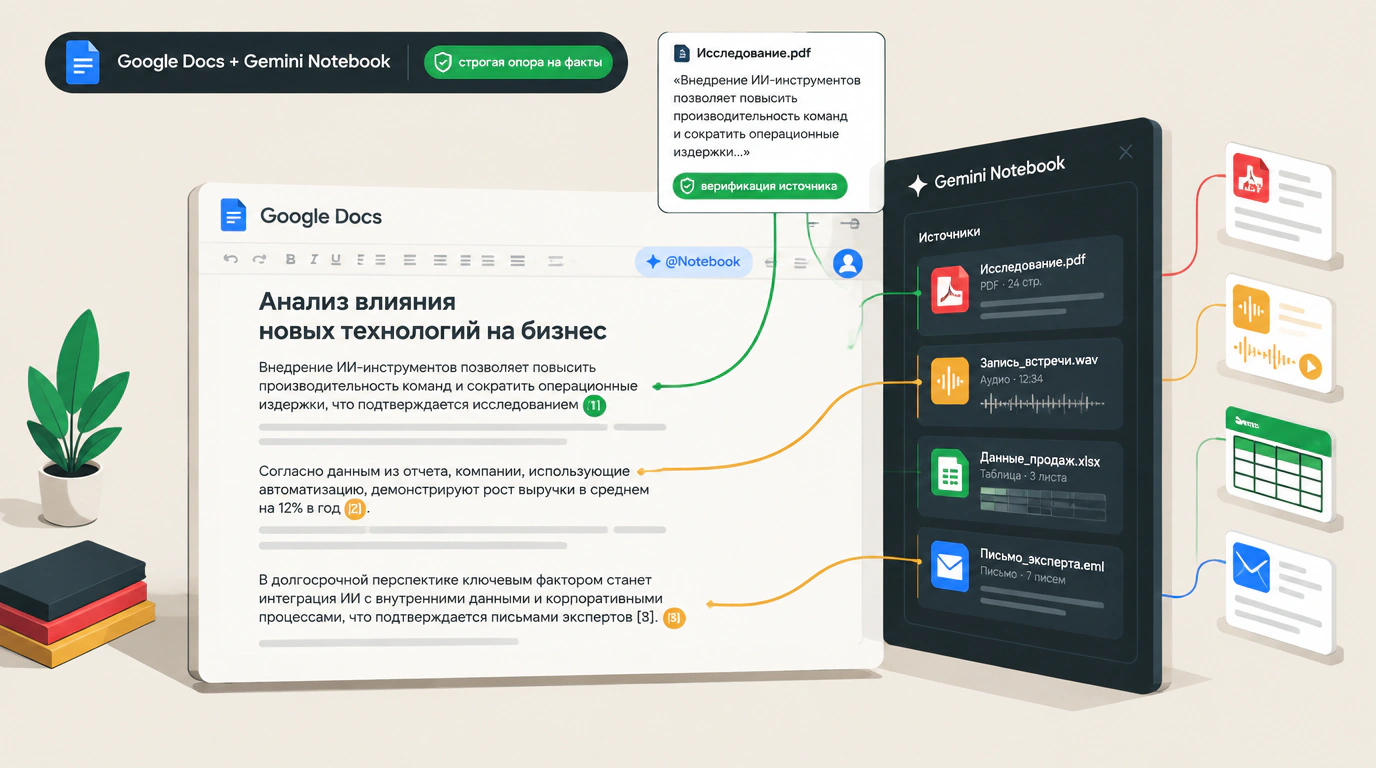 Изометрическая редакторская иллюстрация интеграции Gemini Notebook в Google Docs со сквозным цитированием источников через сноски.