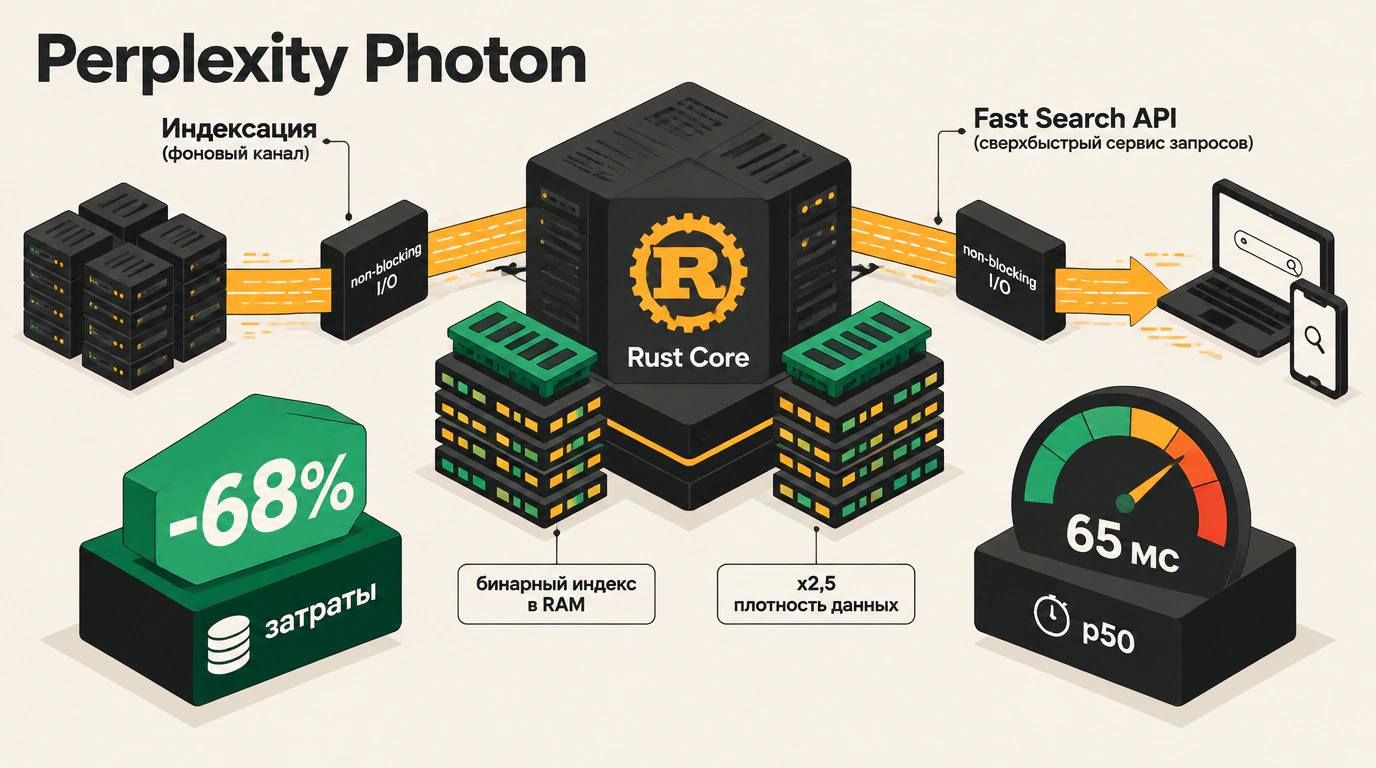 Изометрическая редакторская иллюстрация поискового ядра Perplexity Photon на Rust со снижением затрат на 68% и задержкой 65 мс.