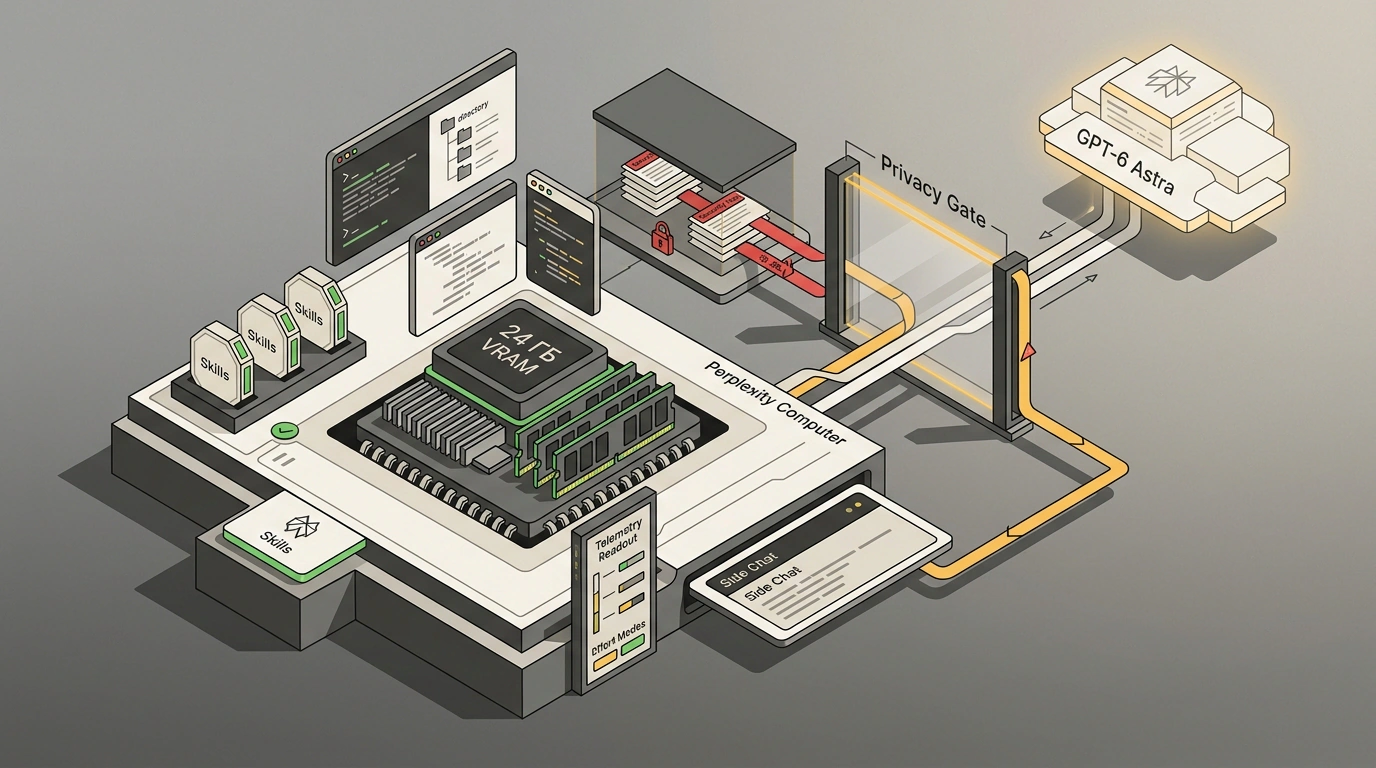 Изометрическая иллюстрация архитектуры Perplexity Computer с разделением локального защищенного контура рабочей станции и внешнего облачного кластера через шлюз Privacy Gate.