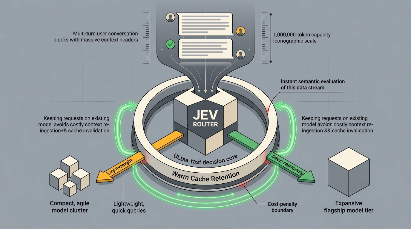 Архитектурная иллюстрация интеллектуального маршрутизатора Jev в OpenRouter, направляющего запросы с сохранением кэша контекста между моделями.