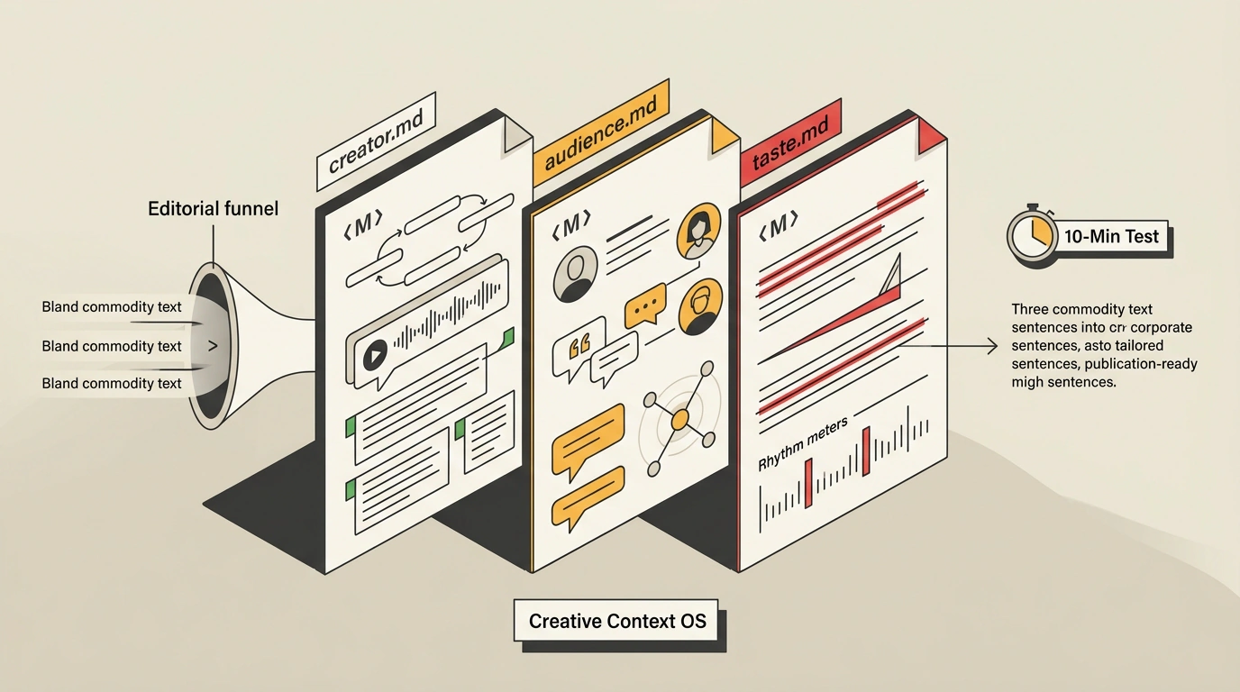 Обложка руководства по Creative Context OS: калибровка авторского стиля искусственного интеллекта через три взаимосвязанных Markdown-файла.