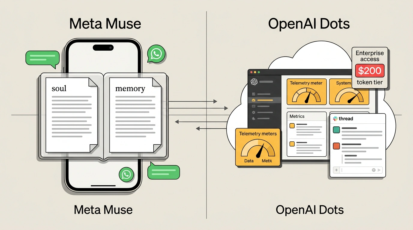 Сравнение персональных ИИ-агентов Meta Muse и OpenAI Dots: открытые файлы памяти со смартфоном против корпоративного облачного контейнера со Slack.